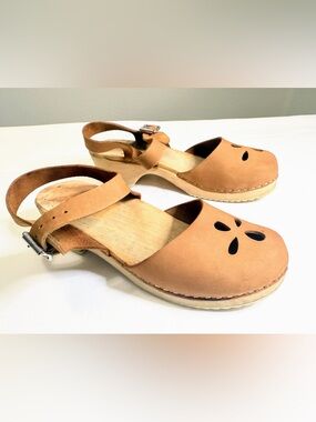 Lottaʼs From Stockholm Brown Swedish Wooden Clogs Leather Sandals Size 38